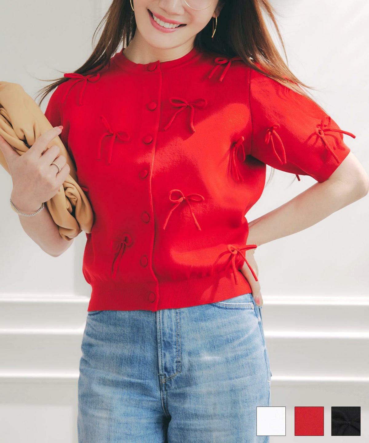 手洗い可 ラウンドネック 裾リブ おしゃれ フェミニン 上品 大人可愛い きれいめ 大人カジュアル くるみ釦 ジョイントスペース リボン付き ニット カーディガン 半袖 Liala×PG