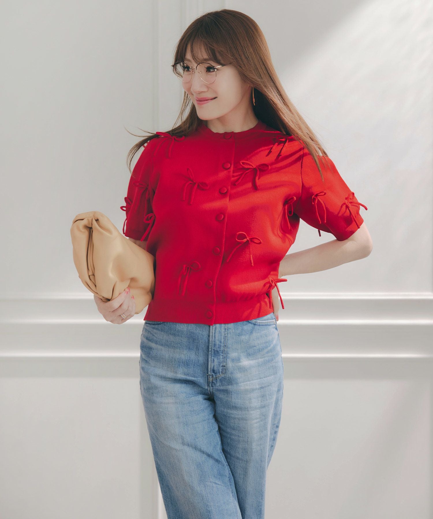 リボン付き ニット カーディガン 半袖 Liala×PG