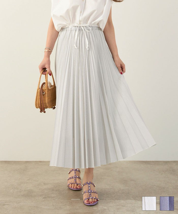手洗い可 上品 きれいめ 柄 ナチュラル 大人可愛い オールシーズン カジュアル フェニミン オフィス ジョイントスペース ストライプ プリーツ スカート Liala×PG