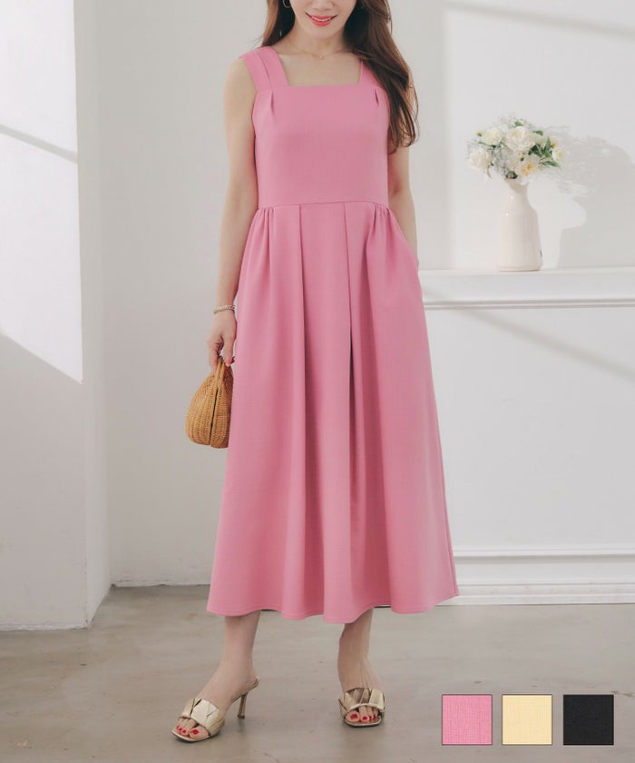 手洗い可ノースリーブフレアオケージョンセレモニーおしゃれフェミニン上品大人可愛いきれいめ夏ジョイントスペース スクエアネック ショルダー タック ワンピース Liala×PG