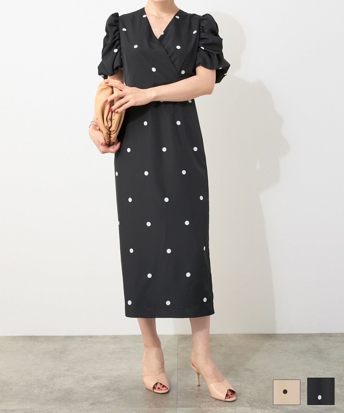 手洗い可 Vネック タイト オケージョン セレモニー おしゃれ フェミニン 上品 大人可愛い きれいめ 半袖 夏 柄 ジョイントスペース ドット カシュクール ワンピース Liala×PG