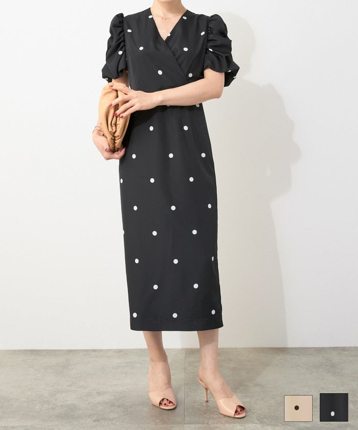 手洗い可 Vネック タイト オケージョン セレモニー おしゃれ フェミニン 上品 大人可愛い きれいめ 半袖 夏 柄 ジョイントスペース ドット カシュクール ワンピース Liala×PG