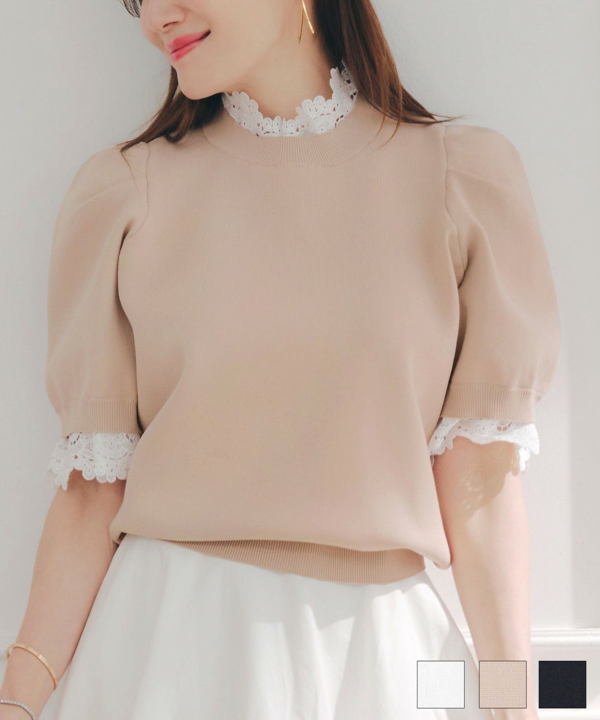 手洗い可ラウンドネック裾リブおしゃれフェミニンオフィス上品大人可愛いきれいめ大人カジュアルジョイントスペース ネック&袖 レース フリル ニット Liala×PG