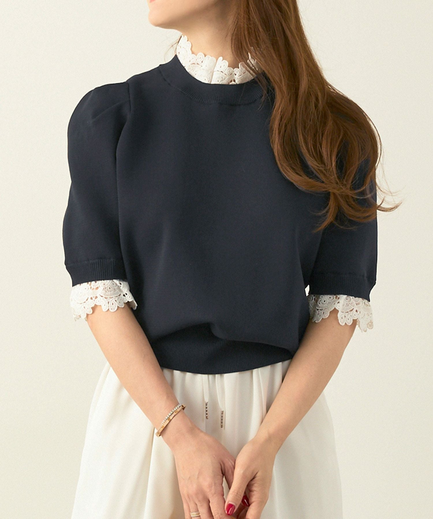 ネック&袖 レース フリル ニット Liala×PG