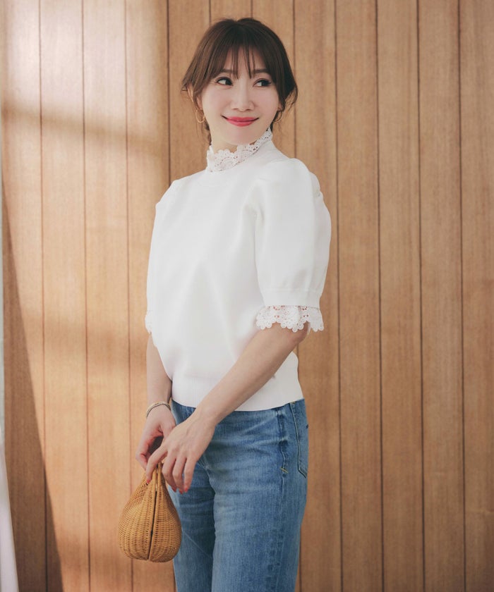 手洗い可ラウンドネック裾リブおしゃれフェミニンオフィス上品大人可愛いきれいめ大人カジュアルジョイントスペース