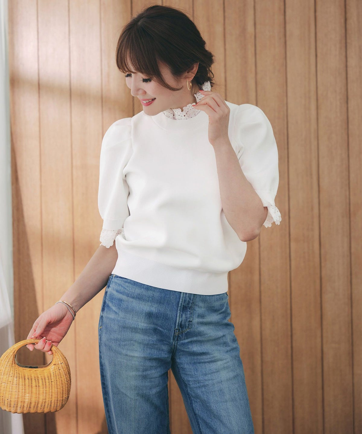 手洗い可ラウンドネック裾リブおしゃれフェミニンオフィス上品大人可愛いきれいめ大人カジュアルジョイントスペース