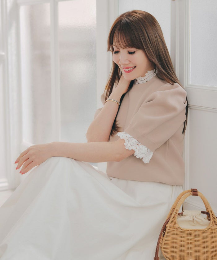 手洗い可ラウンドネック裾リブおしゃれフェミニンオフィス上品大人可愛いきれいめ大人カジュアルジョイントスペース