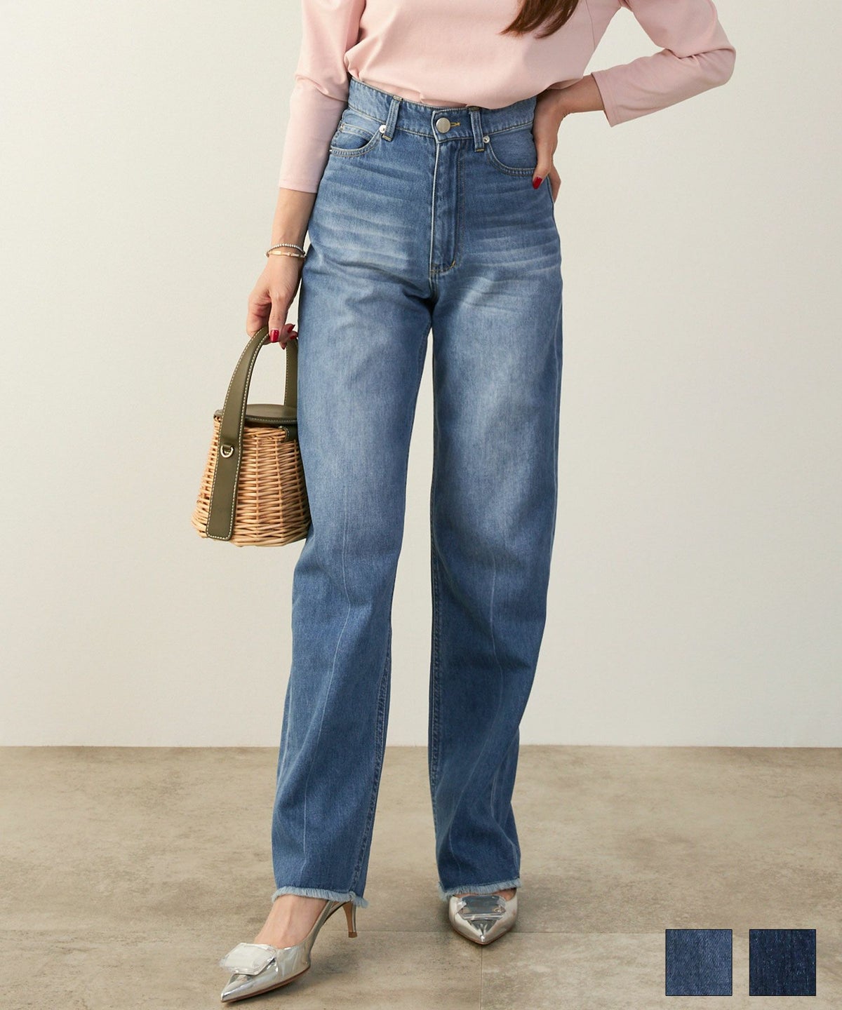 手洗い可かわいい上品きれいめ大人カジュアルセンタープレスフリンジオールシーズンロングシンプル美脚ジョイントスペース ストレート デニム ハイウエスト パンツ Liala×PG