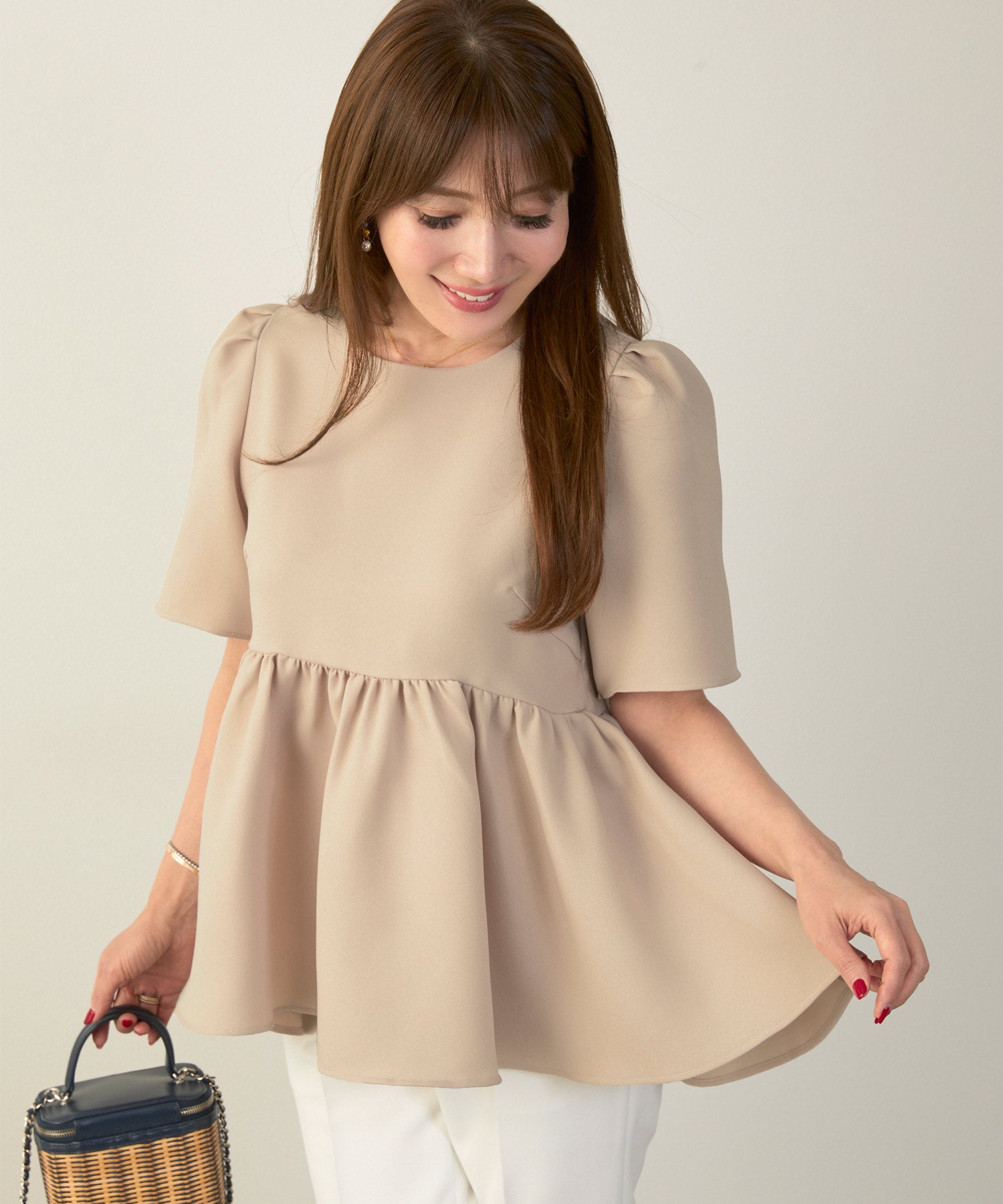 ⭐︎本日限定⭐︎【美品】NOBLE 半袖ペプラムブラウス ベージュ 袖山タック ペプラム ブラウス 半袖 Liala×PG 全4色｜lpg831-2154【4