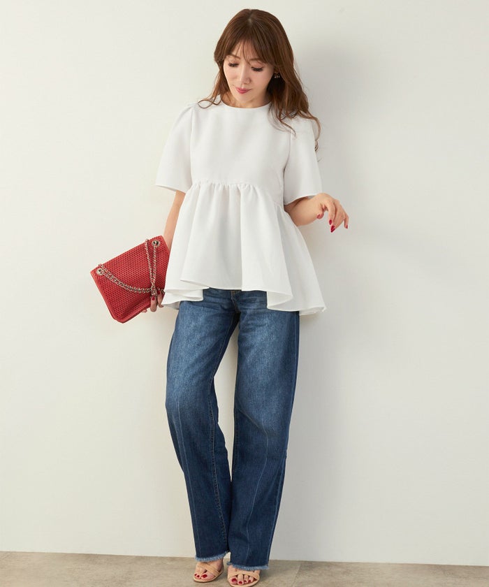 手洗い可かわいい上品きれいめ大人カジュアルオフィスフェミニン体型カバーシンプルラウンドネックジョイントスペース