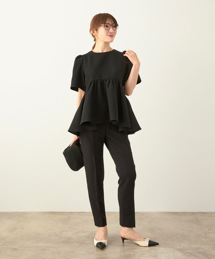 手洗い可かわいい上品きれいめ大人カジュアルオフィスフェミニン体型カバーシンプルラウンドネックジョイントスペース