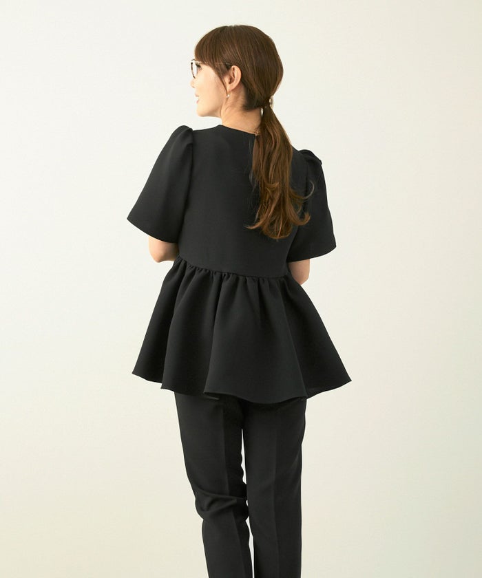 手洗い可かわいい上品きれいめ大人カジュアルオフィスフェミニン体型カバーシンプルラウンドネックジョイントスペース