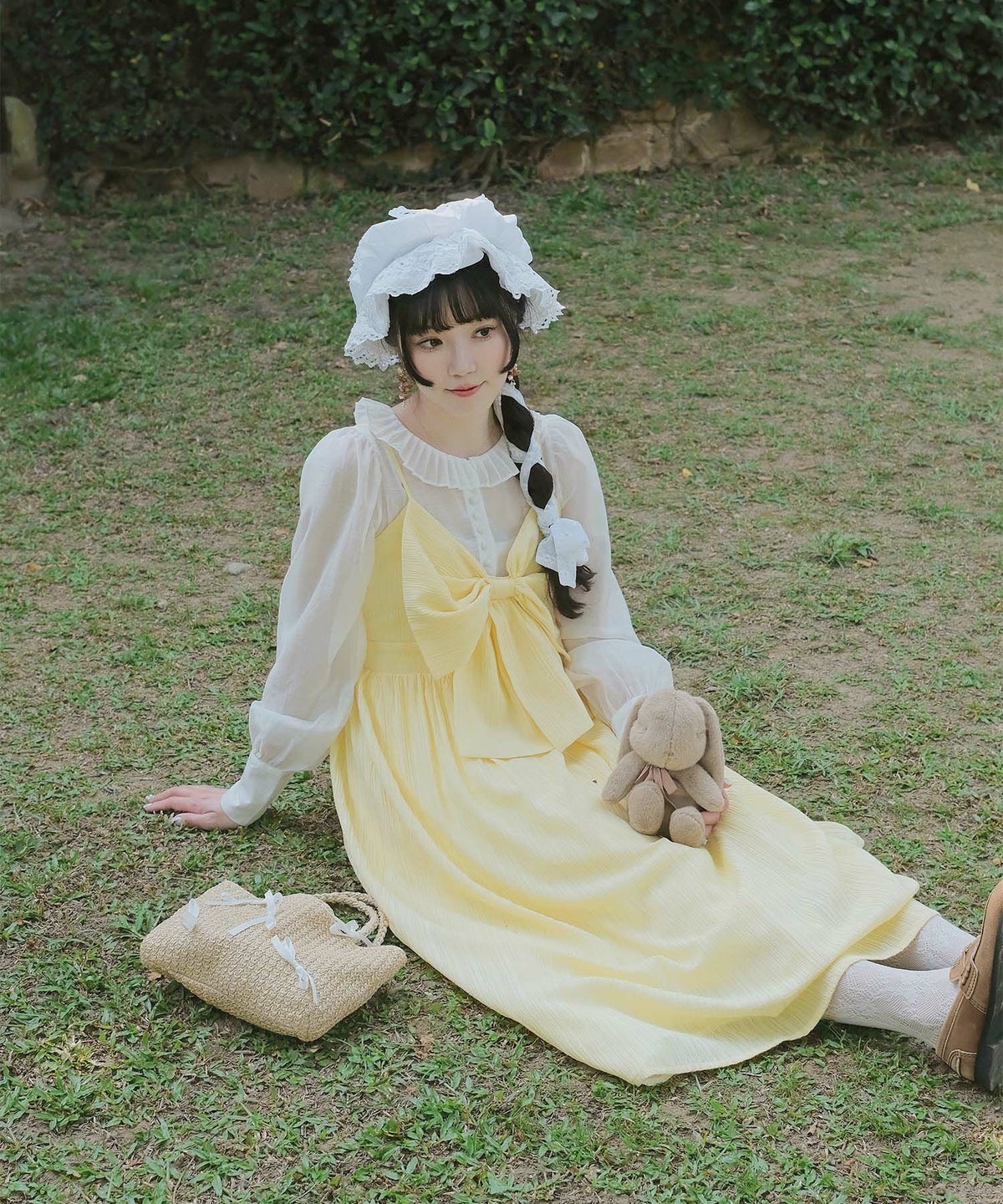 キャミワンピース ロングワンピース リボン アイスブルー/レモンイエロー/M