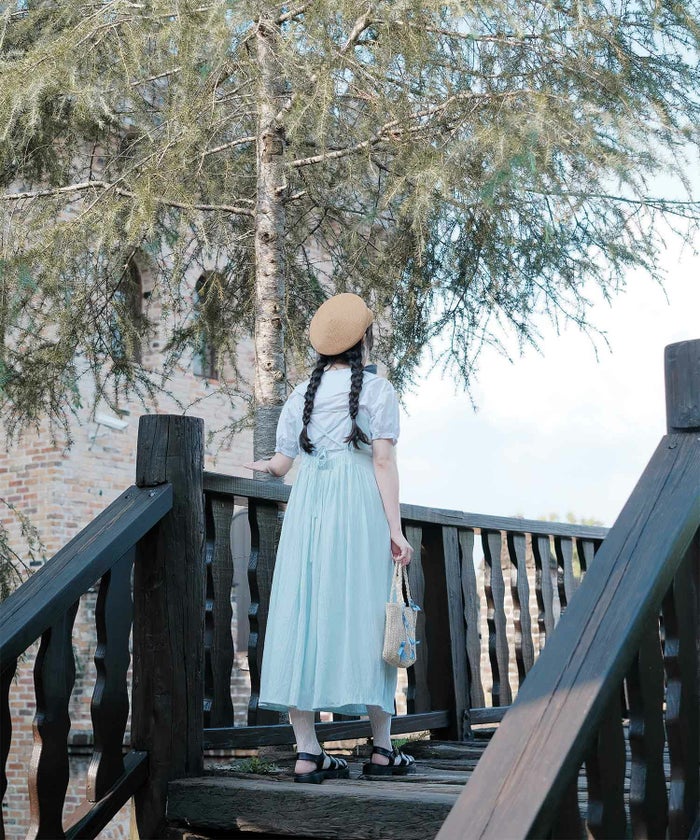 キャミワンピース ロングワンピース リボン アイスブルー/レモンイエロー/M