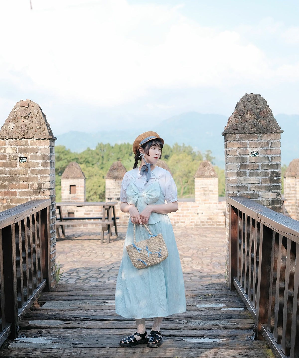 キャミワンピース ロングワンピース リボン アイスブルー/レモンイエロー/M