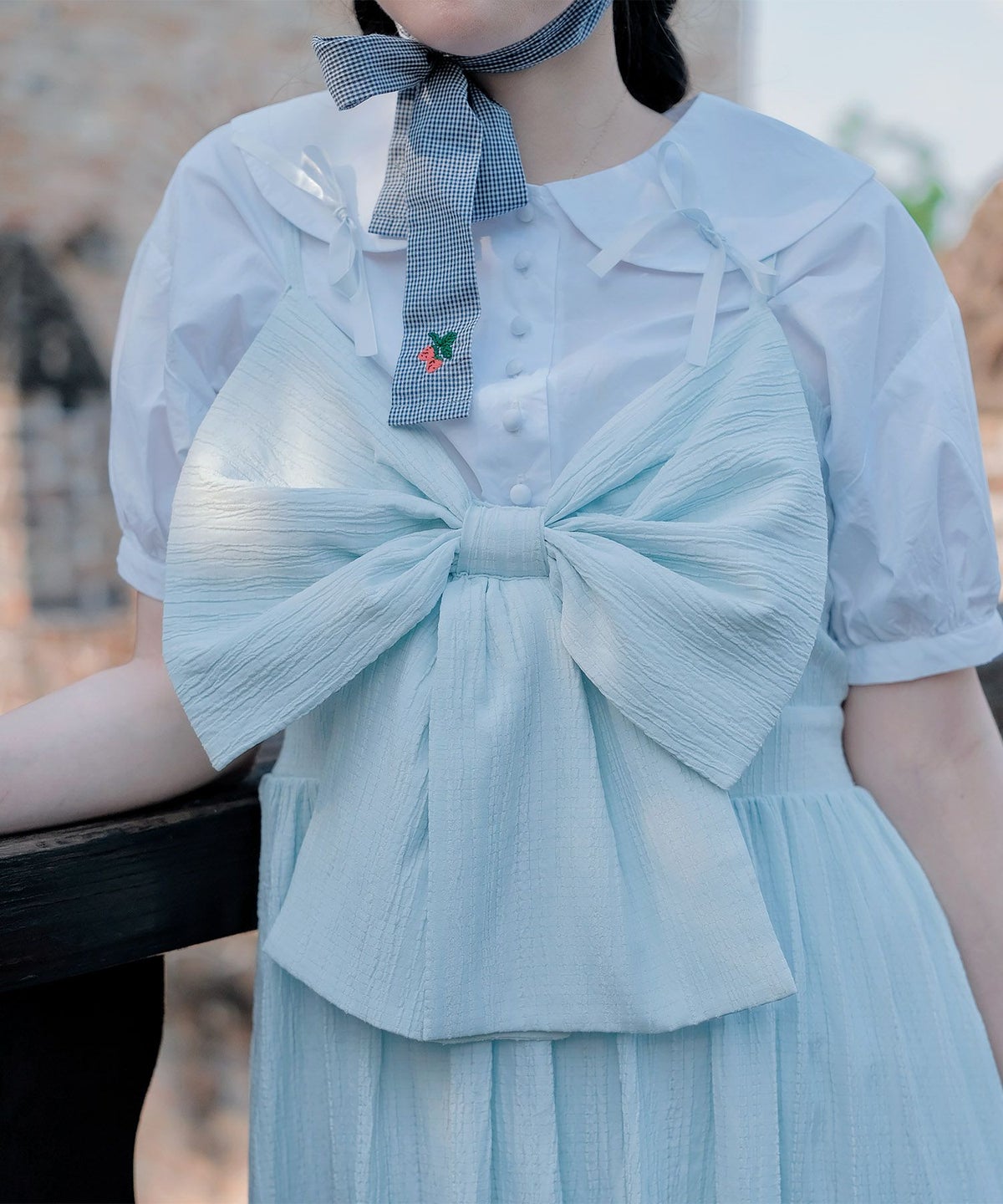 キャミワンピース ロングワンピース リボン アイスブルー/レモンイエロー/M