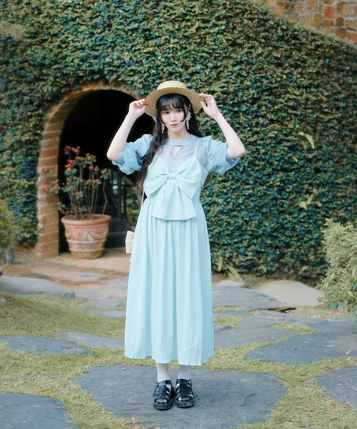 キャミワンピース ロングワンピース リボン アイスブルー/レモンイエロー/M