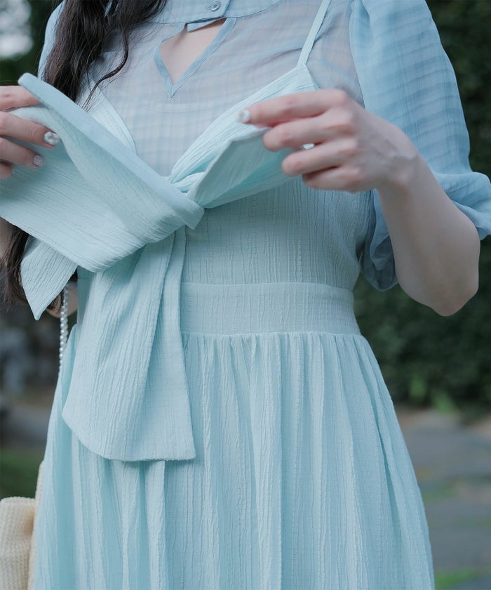 キャミワンピース ロングワンピース リボン アイスブルー/レモンイエロー/M