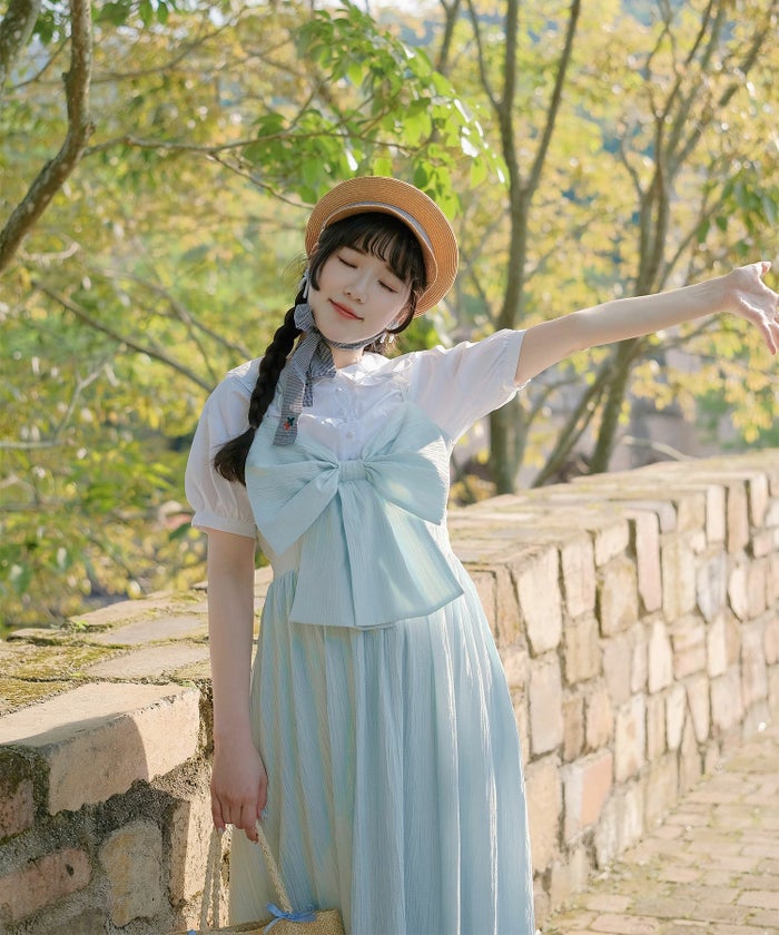 キャミワンピース ロングワンピース リボン アイスブルー/レモンイエロー/M