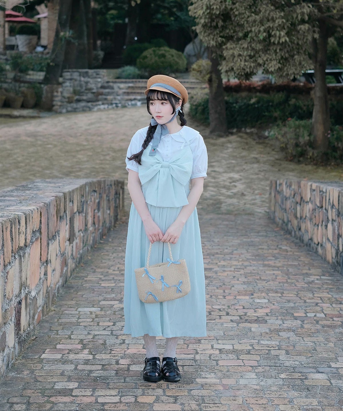 キャミワンピース ロングワンピース リボン アイスブルー/レモンイエロー/M