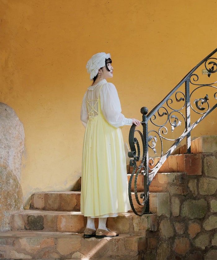 キャミワンピース ロングワンピース リボン アイスブルー/レモンイエロー/M