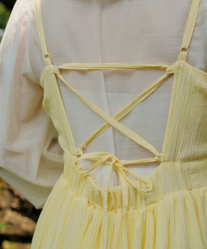 キャミワンピース ロングワンピース リボン アイスブルー/レモンイエロー/M