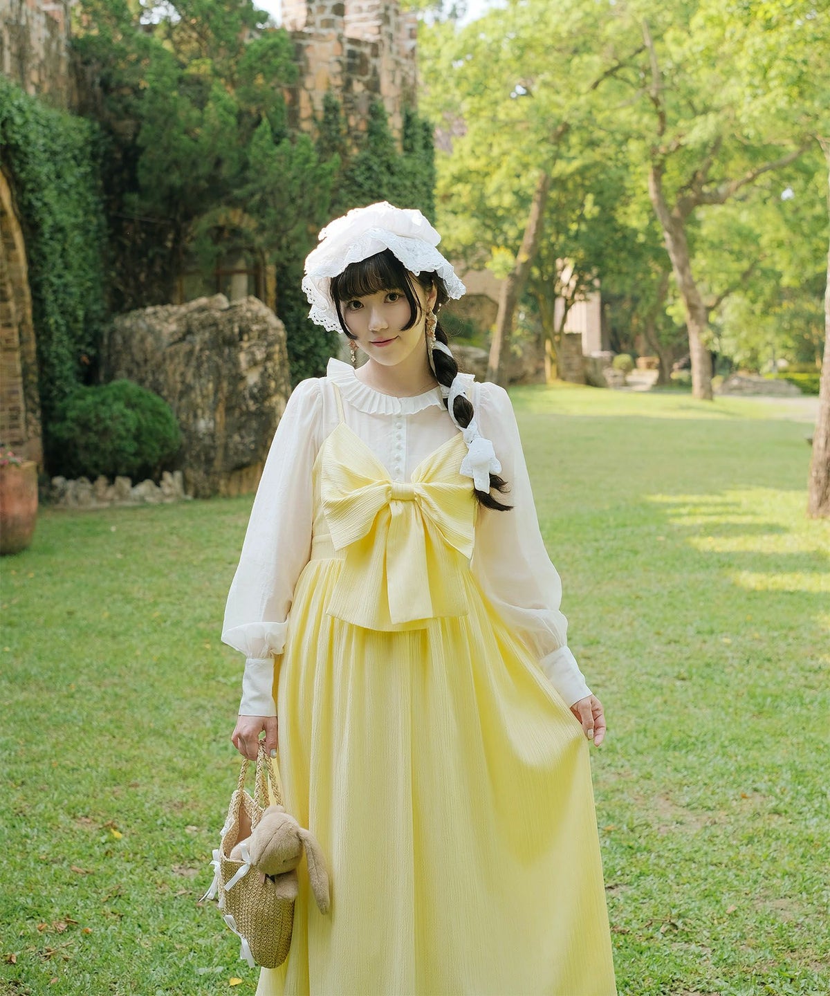 キャミワンピース ロングワンピース リボン アイスブルー/レモンイエロー/M