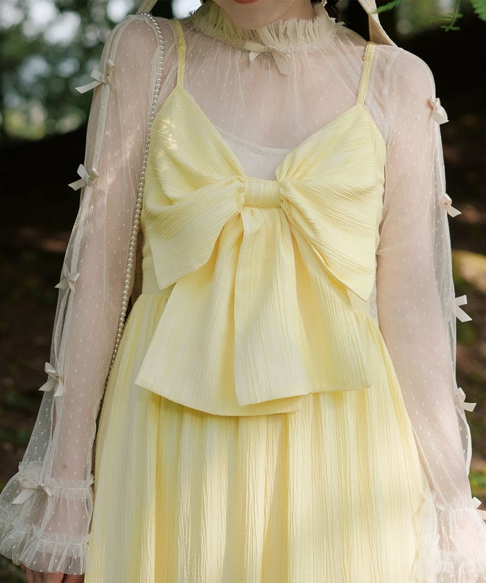 キャミワンピース ロングワンピース リボン アイスブルー/レモンイエロー/M