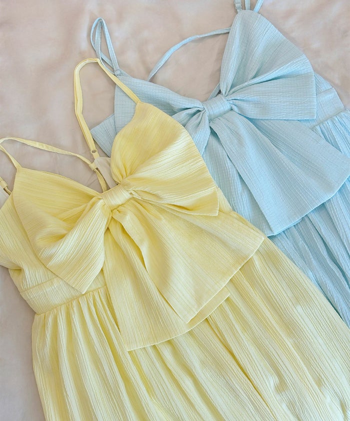 キャミワンピース ロングワンピース リボン アイスブルー/レモンイエロー/M