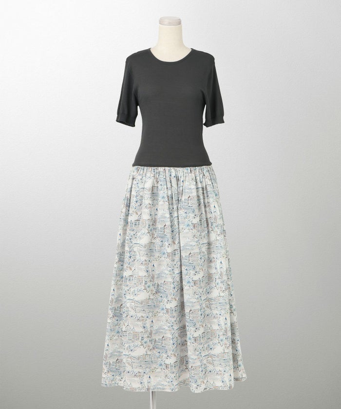 レディース ドッキングワンピース  サマーニット リバティ柄 半袖 きれいめ 上品 洗える チャコール ブラウン ブラック S M