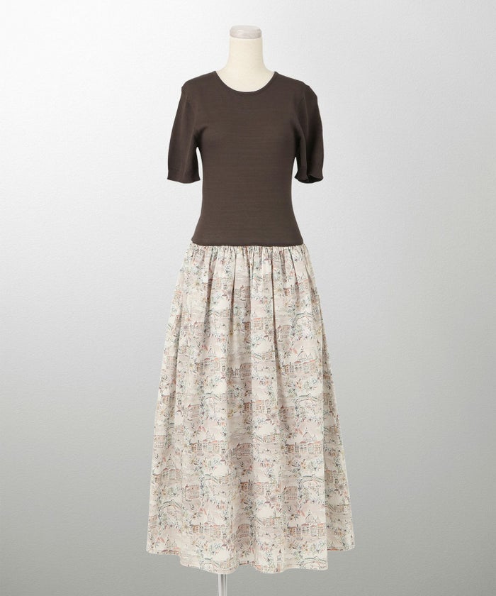 レディース ドッキングワンピース  サマーニット リバティ柄 半袖 きれいめ 上品 洗える チャコール ブラウン ブラック S M