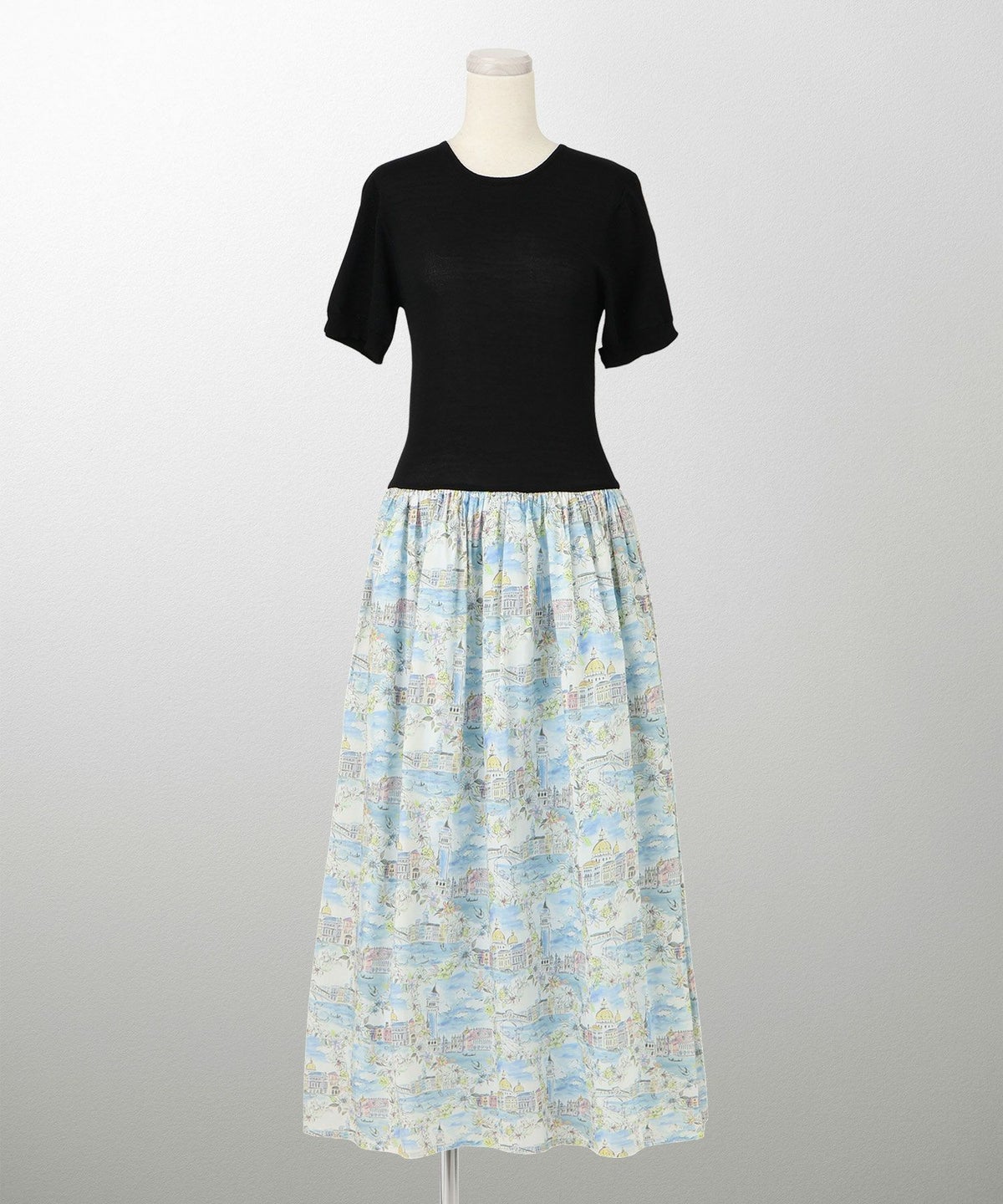 レディース ドッキングワンピース  サマーニット リバティ柄 半袖 きれいめ 上品 洗える チャコール ブラウン ブラック S M