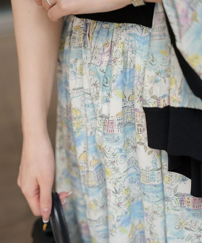 レディース ドッキングワンピース  サマーニット リバティ柄 半袖 きれいめ 上品 洗える チャコール ブラウン ブラック S M