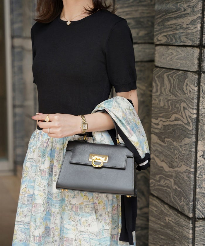 レディース ドッキングワンピース  サマーニット リバティ柄 半袖 きれいめ 上品 洗える チャコール ブラウン ブラック S M