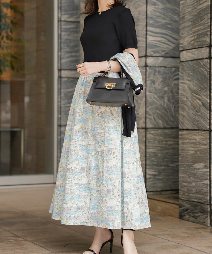 レディース ドッキングワンピース  サマーニット リバティ柄 半袖 きれいめ 上品 洗える チャコール ブラウン ブラック S M