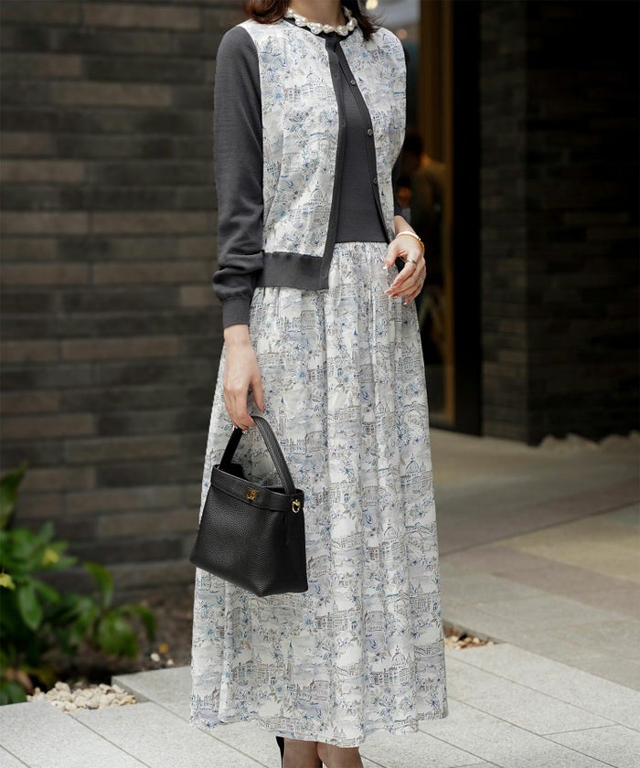 レディース ドッキングワンピース  サマーニット リバティ柄 半袖 きれいめ 上品 洗える チャコール ブラウン ブラック S M