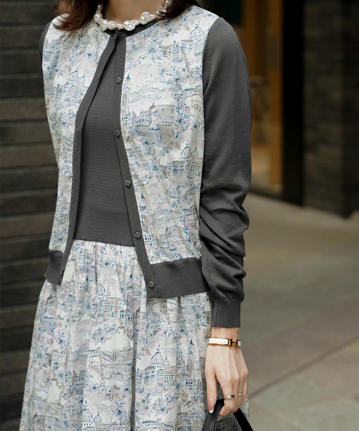 レディース ドッキングワンピース  サマーニット リバティ柄 半袖 きれいめ 上品 洗える チャコール ブラウン ブラック S M