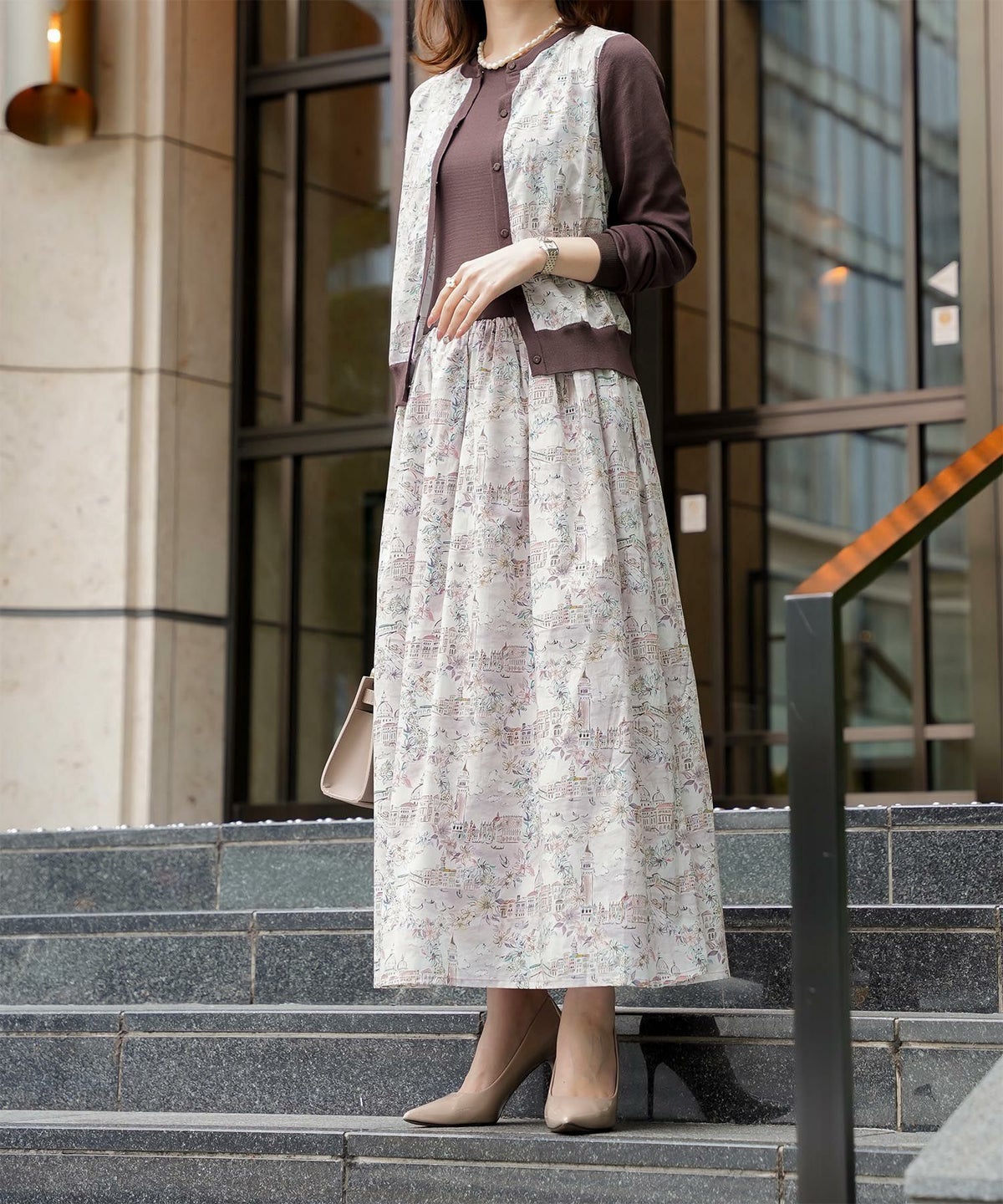 レディース ドッキングワンピース  サマーニット リバティ柄 半袖 きれいめ 上品 洗える チャコール ブラウン ブラック S M