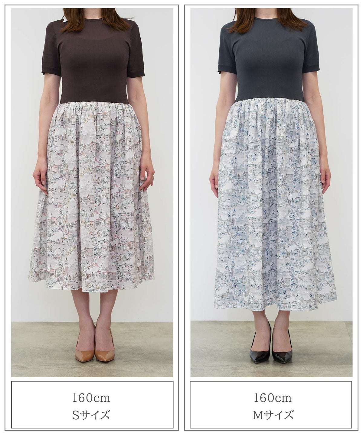 レディース ドッキングワンピース  サマーニット リバティ柄 半袖 きれいめ 上品 洗える チャコール ブラウン ブラック S M