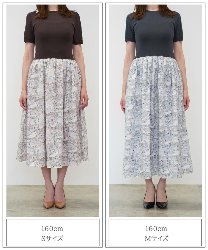 レディース ドッキングワンピース  サマーニット リバティ柄 半袖 きれいめ 上品 洗える チャコール ブラウン ブラック S M