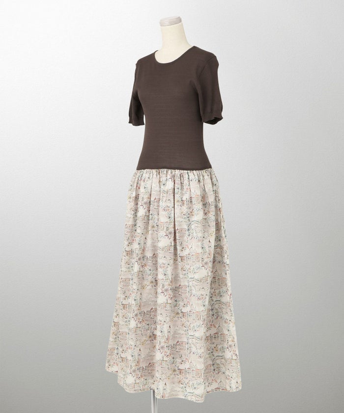 レディース ドッキングワンピース  サマーニット リバティ柄 半袖 きれいめ 上品 洗える チャコール ブラウン ブラック S M