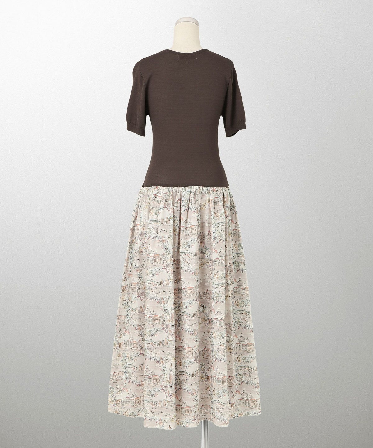 レディース ドッキングワンピース  サマーニット リバティ柄 半袖 きれいめ 上品 洗える チャコール ブラウン ブラック S M