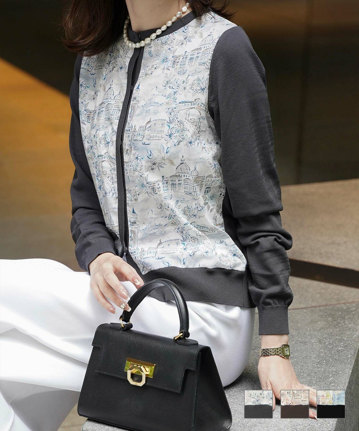 レディース ニットカーディガン サマーニット ドッキング 長袖 きれいめ 上品 洗える チャコール ブラウン ブラック M ニット カーディガン Made with Liberty Fabric HUIT