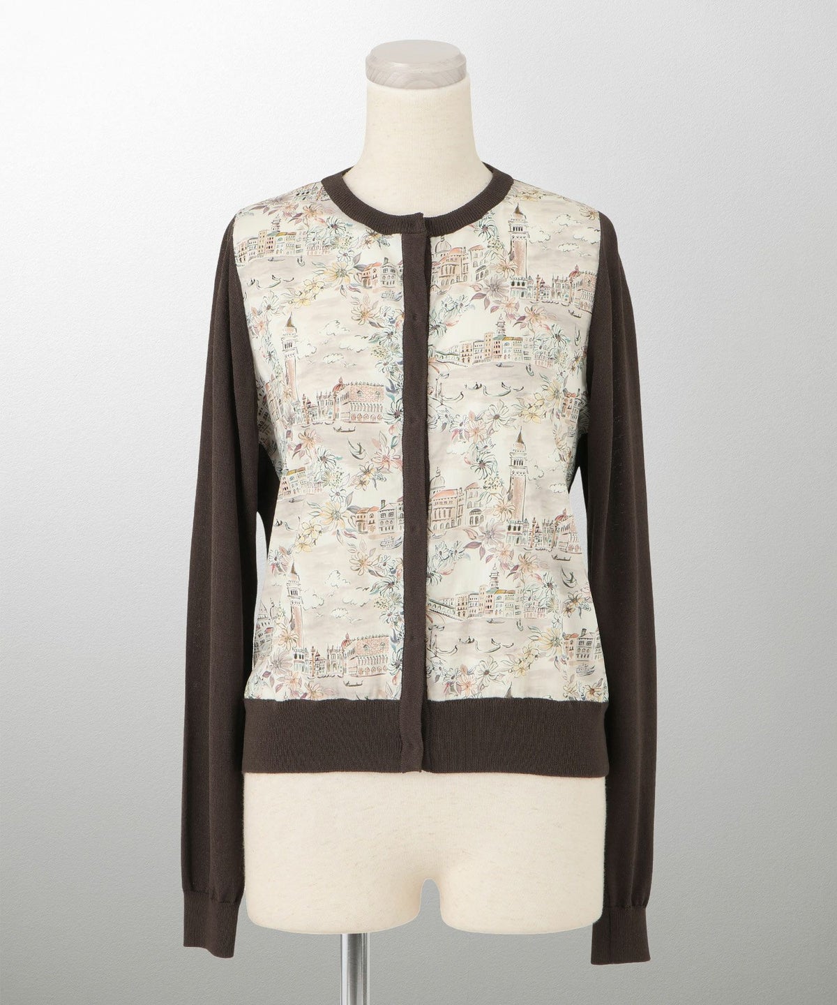 レディース ニットカーディガン サマーニット ドッキング 長袖 きれいめ 上品 洗える チャコール ブラウン ブラック M