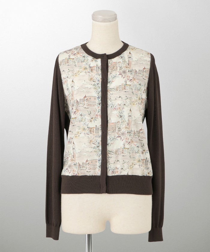 レディース ニットカーディガン サマーニット ドッキング 長袖 きれいめ 上品 洗える チャコール ブラウン ブラック M