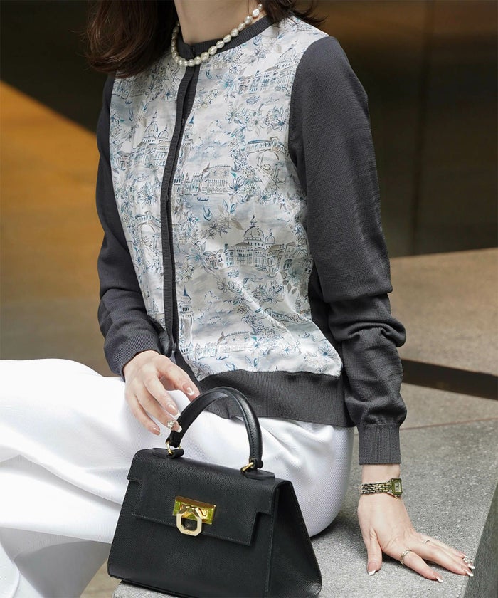 レディース ニットカーディガン サマーニット ドッキング 長袖 きれいめ 上品 洗える チャコール ブラウン ブラック M