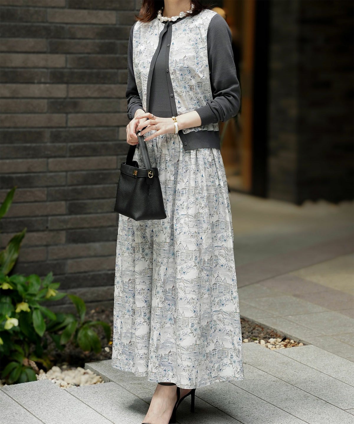 レディース ニットカーディガン サマーニット ドッキング 長袖 きれいめ 上品 洗える チャコール ブラウン ブラック M