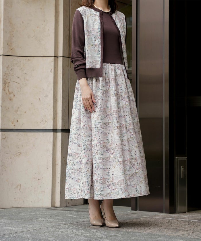 レディース ニットカーディガン サマーニット ドッキング 長袖 きれいめ 上品 洗える チャコール ブラウン ブラック M