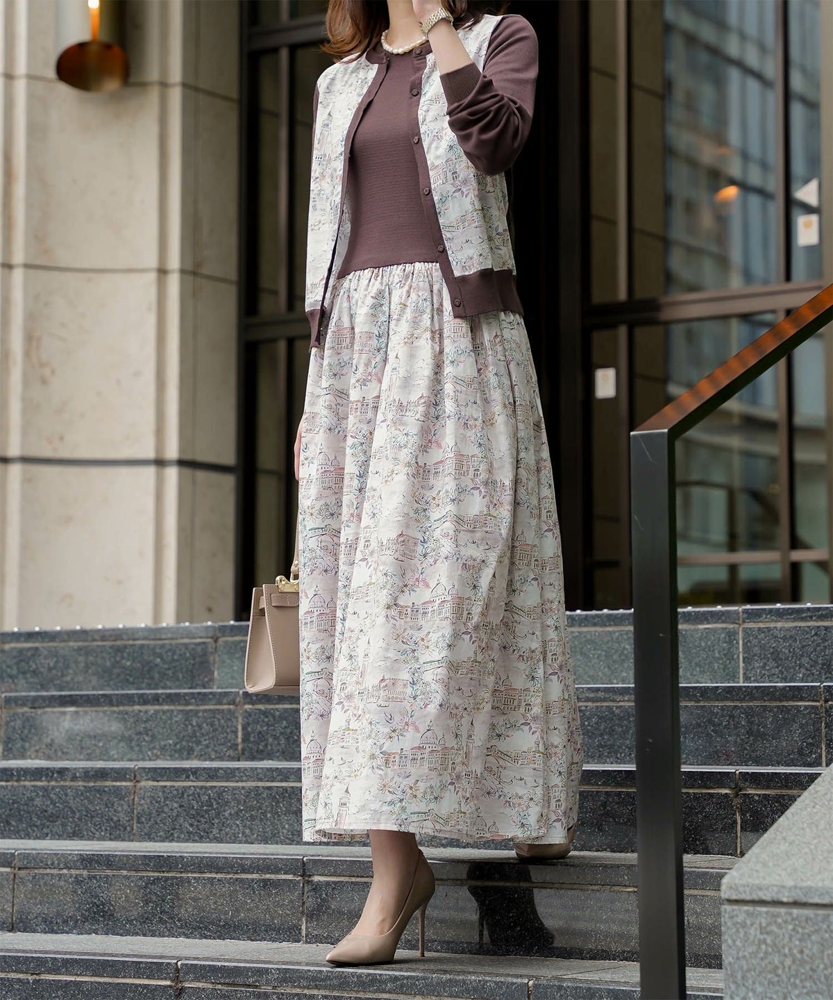 レディース ニットカーディガン サマーニット ドッキング 長袖 きれいめ 上品 洗える チャコール ブラウン ブラック M