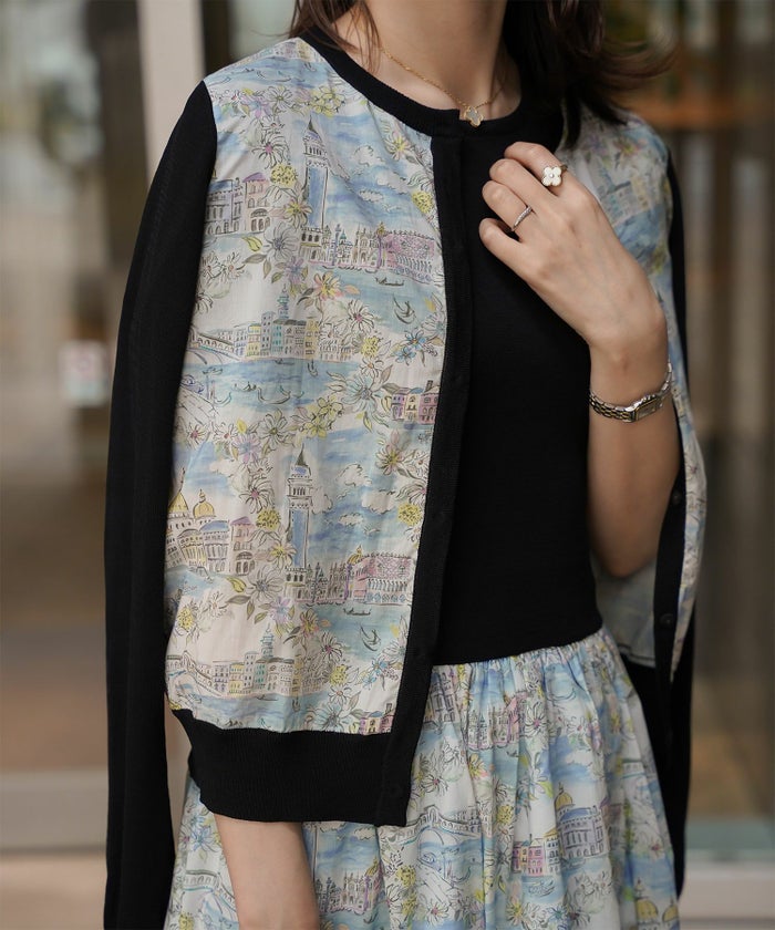 レディース ニットカーディガン サマーニット ドッキング 長袖 きれいめ 上品 洗える チャコール ブラウン ブラック M